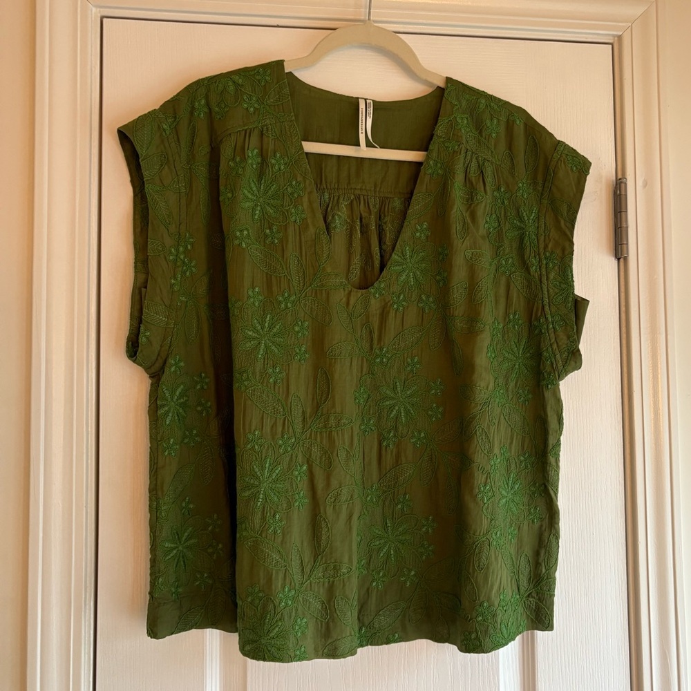 Anthropologie Green Embroidered Top